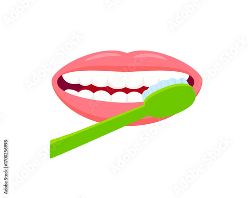 Close-up of a healthy mouth with white teeth being brushed with a green toothbrush and toothpaste, promoting dental hygiene