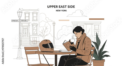 Illustration of a woman reading and enjoying coffee at Upper East Side New York