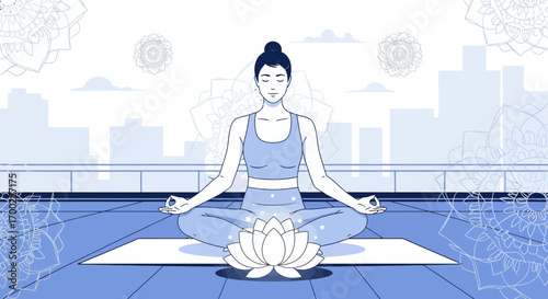 Illustration of a woman meditating in lotus position on a rooftop in the city during daytime