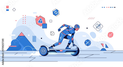 Futuristic character riding hoverboard in dynamic abstract tech environment design