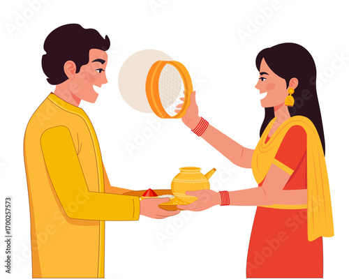 married women performing karwa chauth puja by looking her husband through a sieve indian festival vector illustration