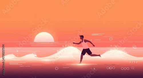 Silhouette runner at vibrant ocean sunset graphic illustration for wellness and fitness inspiration