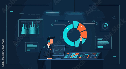 Illustrative depiction of a control room operator analyzing business data dashboards