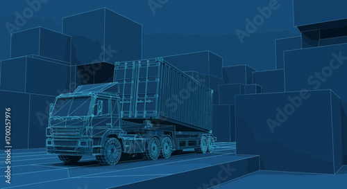Conceptual blueprint of a freight truck delivering cargo in a digital urban landscape