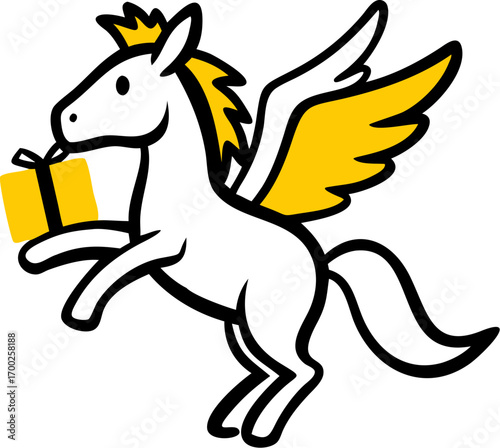 Magical winged horse delivering a bright yellow gift with joy and speed