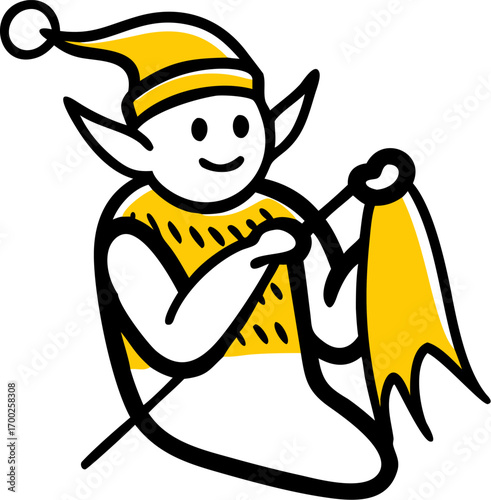 Joyful elf crafting with yarn, spreading holiday cheer and creative magic
