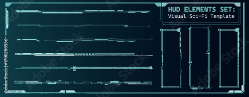 A collection of various HUD elements is presented, featuring sleek lines and futuristic designs. This digital set serves as a template for sci-fi themed interfaces used in gaming or film production.