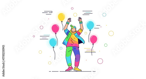 Joyful celebration with vibrant colors and floating balloons a lively cartoon illustration design