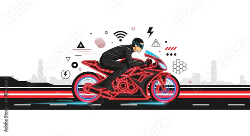 Futuristic motorcyclist riding a neon bike with cityscape and abstract elements graphic design