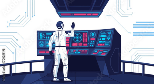 futuristic robot in a command center overseeing advanced technological operations and data