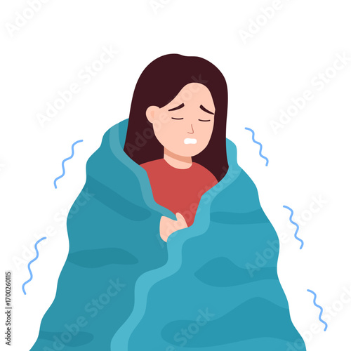 Woman shivering from cold weather in winter flat design on white background.