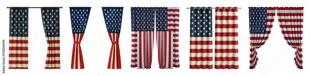 Obraz premium American flag curtains set including patriotic star, stripe, hanging, and tied styles isolated. Home decor and national celebration elements.