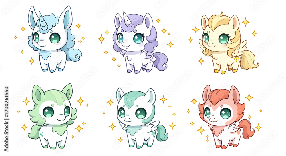 Obraz premium Charming collection of adorable fantasy creatures design, showcasing delightful magical sparkle effects for creative projects