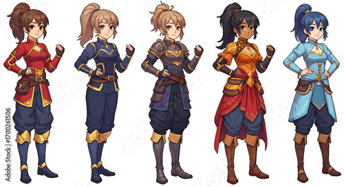 A diverse collection of female warrior character design concepts, featuring multiple armor and color variations in a pixel art style