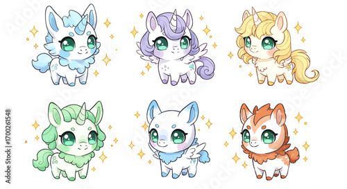 Cute unicorn character design collection, adorable fantasy creature illustrations for magical themes