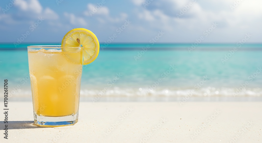 Obraz premium Refreshing Lemonade with Lemon Slice on Sandy Beach with Turquoise Ocean