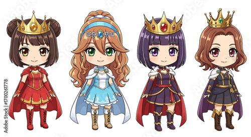 Vector character design set of four adorable chibi princesses in royal fantasy costumes for creative projects
