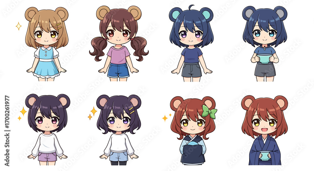 Obraz premium Cute bear girl character design illustrations for anime and manga projects, showcasing diverse outfits and styles