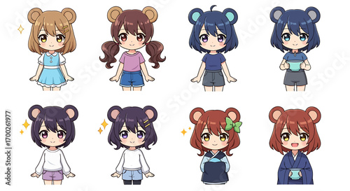 Cute bear girl character design illustrations for anime and manga projects, showcasing diverse outfits and styles