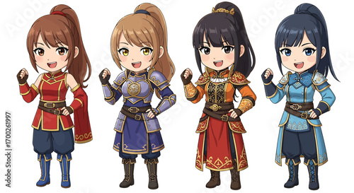 A vibrant character design collection of four cute anime chibi girl warriors in colorful fantasy armor, an illustration set for creative projects