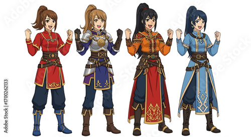 A diverse lineup of female warrior characters, a vibrant and detailed concept art character design collection