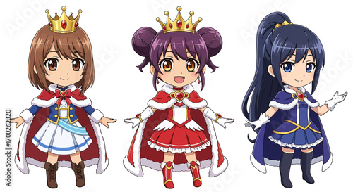 Whimsical royal trio character concept design, an adorable illustration of chibi queens with unique crowns and majestic capes