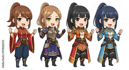 Set of four adorable chibi anime female warriors in fantasy outfits, a versatile character design for games and manga