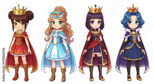 A collection of cute anime princess characters with royal crowns and fantasy costume design. Vector illustration set of four queen avatars
