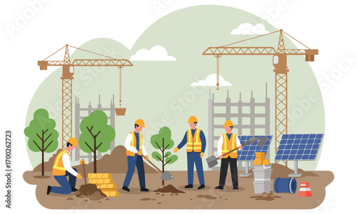 A group of construction workers are digging a hole to plant a tree. The workers are wearing safety gear and are focused on their task. Concept of hard work and dedication to the environment