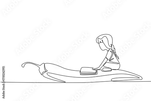 Continuous one line drawing girl reading on chili. Find out about the hottest chilies in the world by reading. Girl Reading Book at Vegetables and Fruits. Single line draw design vector illustration