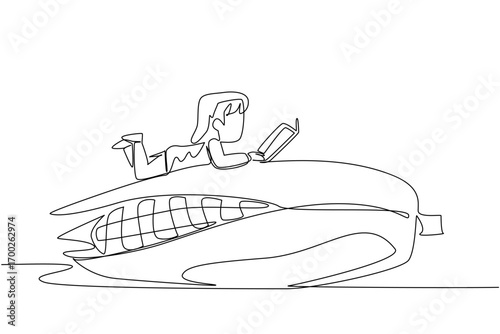 Single continuous line drawing girl reading on corn. Find out the best season to plant corn seeds to make them sweet. Girl Reading Book at Vegetables and Fruits. One line design vector illustration