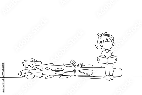 Single continuous line drawing girl reading on asparagus. Seriously read about the benefits of asparagus for the body. Girl Reading Book at Vegetables and Fruits. One line design vector illustration