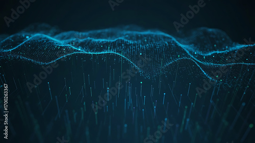 Fototapeta Naklejka Na Ścianę i Meble -  Abstract digital landscape with glowing blue waves and falling particles on dark background