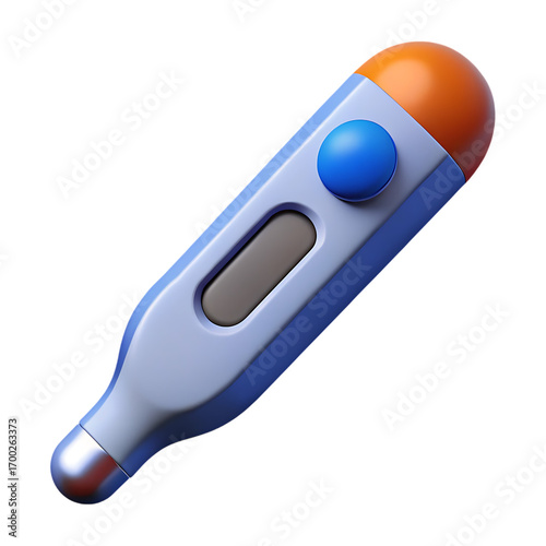 Digital thermometer with orange tip and blue button on black background