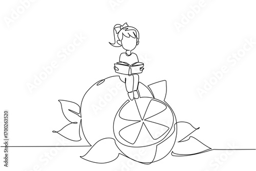 Single continuous line drawing a young girl reading on orange. Reading about the many benefits of oranges. Healthy. Girl Reading Book at Vegetables and Fruits. One line design vector illustration
