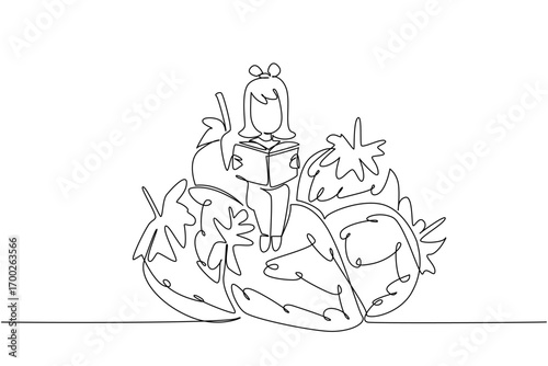 Continuous one line drawing girl reading on pile of strawberries. Harvest season and exam season come together. Girl Reading Book at Vegetables and Fruits. Single line draw design vector illustration