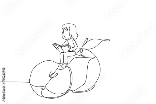 Single continuous line drawing young girl reading on apple. Reading while snacking on apples. Smart and healthy. Nerd. Girl Reading Book at Vegetables and Fruits. One line design vector illustration