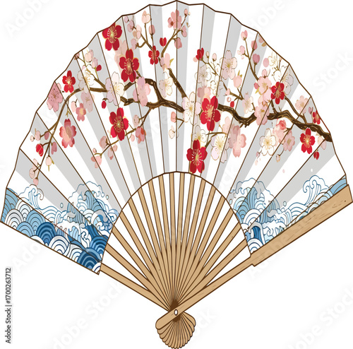 vector, illustration, traditional Japanese fan with cherry blossom design (伝統的な扇子)