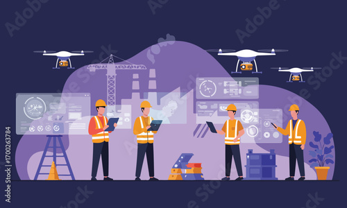 A group of construction workers are shown using technology to monitor their work. Concept of progress and efficiency in the construction process