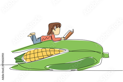 Single continuous line drawing girl reading on corn. Find out the best season to plant corn seeds to make them sweet. Girl Reading Book at Vegetables and Fruits. One line design vector illustration