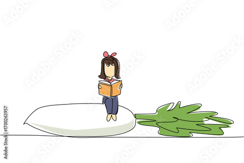 Single one line drawing girl reading on white radish with its leaves. The one who loves reading books the most. Girl Reading Book at Vegetables and Fruits. Continuous line design graphic illustration