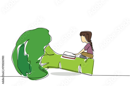 Single one line drawing girl reading on broccoli. Curiosity makes learning. Know a lot of knowledge. The nerd. Girl Reading Book at Vegetables and Fruits. Continuous line design graphic illustration
