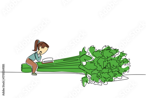Single one line drawing the girl reading on celery. Reviewing the benefits of celery at home. Study seriously. Girl Reading Book at Vegetables and Fruits. Continuous line design graphic illustration