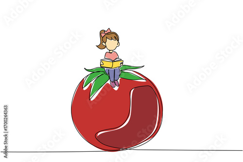 Continuous one line drawing young girl reading on tomato. Lose concentration in reading. Focus on fresh fruit. Girl Reading Book at Vegetables and Fruits. Single line draw design vector illustration