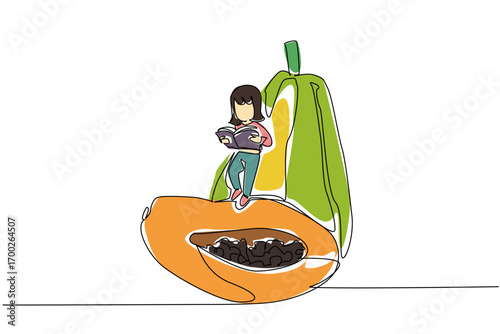 Single one line drawing girl reading while standing on a partially cut papaya. Serious. Focus. Hobby reading. Girl Reading Book at Vegetables and Fruits. Continuous line design graphic illustration