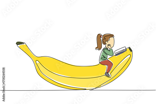 Single continuous line drawing girl reading on banana. Read the exciting experience of playing banana boat. Embracing. Girl Reading Book at Vegetables and Fruits. One line design vector illustration
