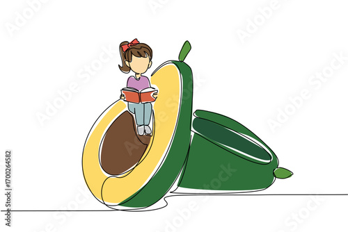 Continuous one line drawing girl reading on a cored avocado. Read carefully before processing avocados. Juice. Girl Reading Book at Vegetables and Fruits. Single line draw design vector illustration