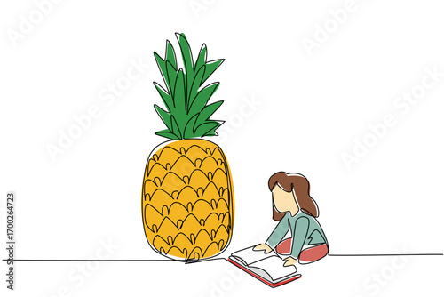 Single one line drawing girl reading next to pineapple. Anti sleepiness reading with pineapple snack. The nerd. Girl Reading Book at Vegetables and Fruits. Continuous line design graphic illustration
