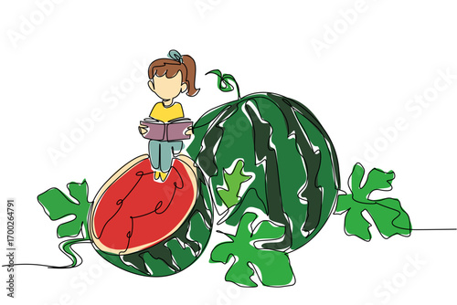 Continuous one line drawing girl reading on a watermelon cut in half. Memorize the exam material. Study hard. Girl Reading Book at Vegetables and Fruits. Single line draw design vector illustration