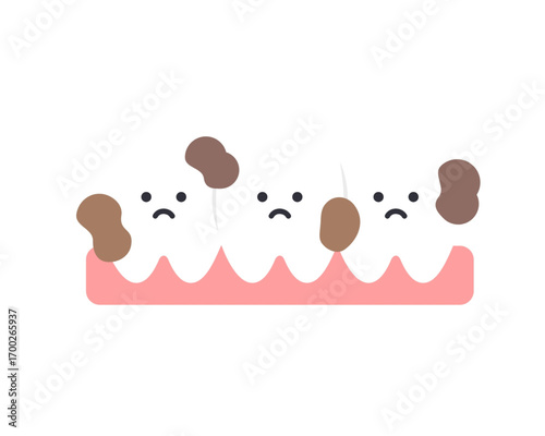 A simple flat vector illustration of unhappy cartoon teeth characters with dental caries, representing poor oral hygiene and tooth decay